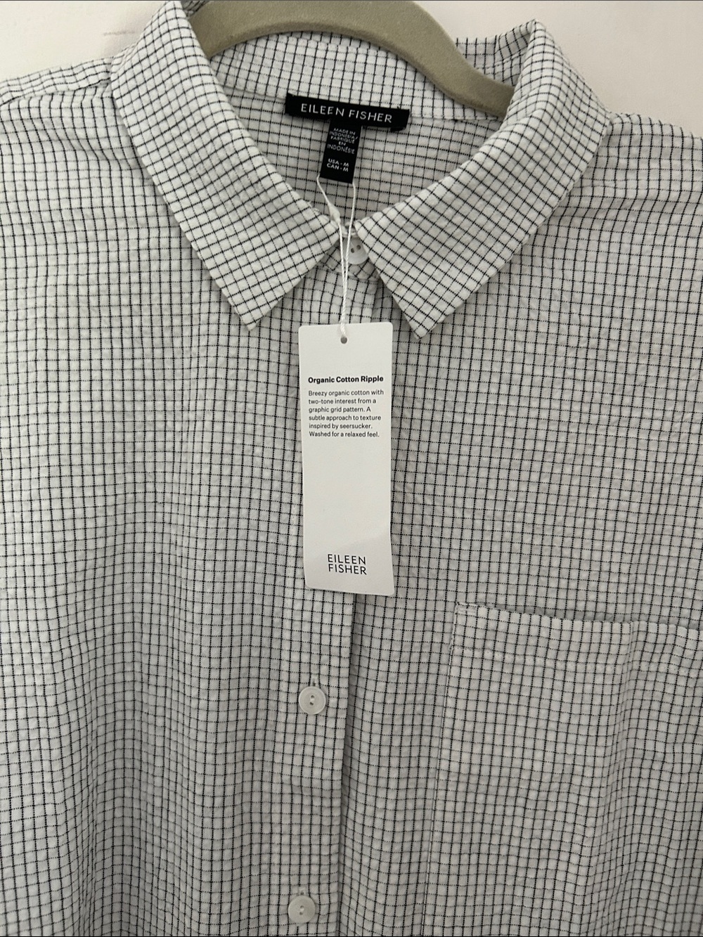 Eileen Fisher White Organic Cotton Button-Down Shirt w/ Subtle gray/black checks